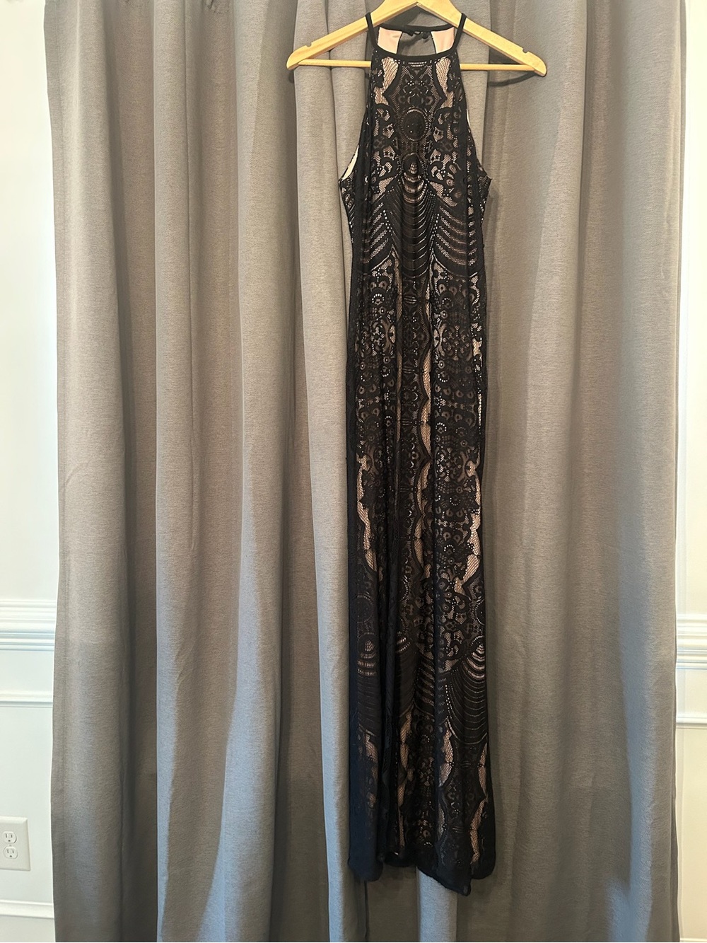 Morgan & Co. Black Lace Maxi Dress with Nude Underlay - Picture 2 of 4